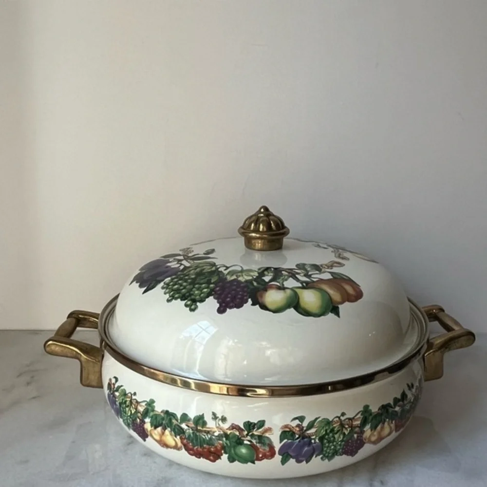 Vintage Tabletops Unlimited Fruit Design Enamel on Metal Casserole  with…